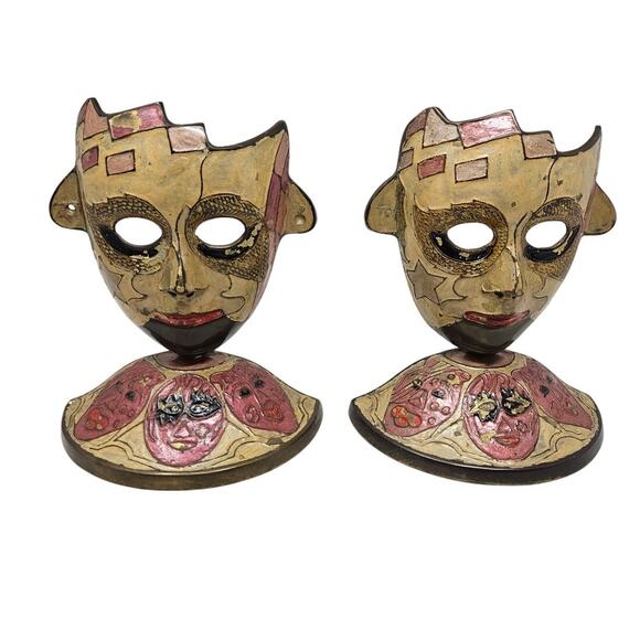 2 Vintage 70s Metal Drama Mask Whimsygoth Sculpture Spooky Kitsch Accent Decor - Picture 1 of 3